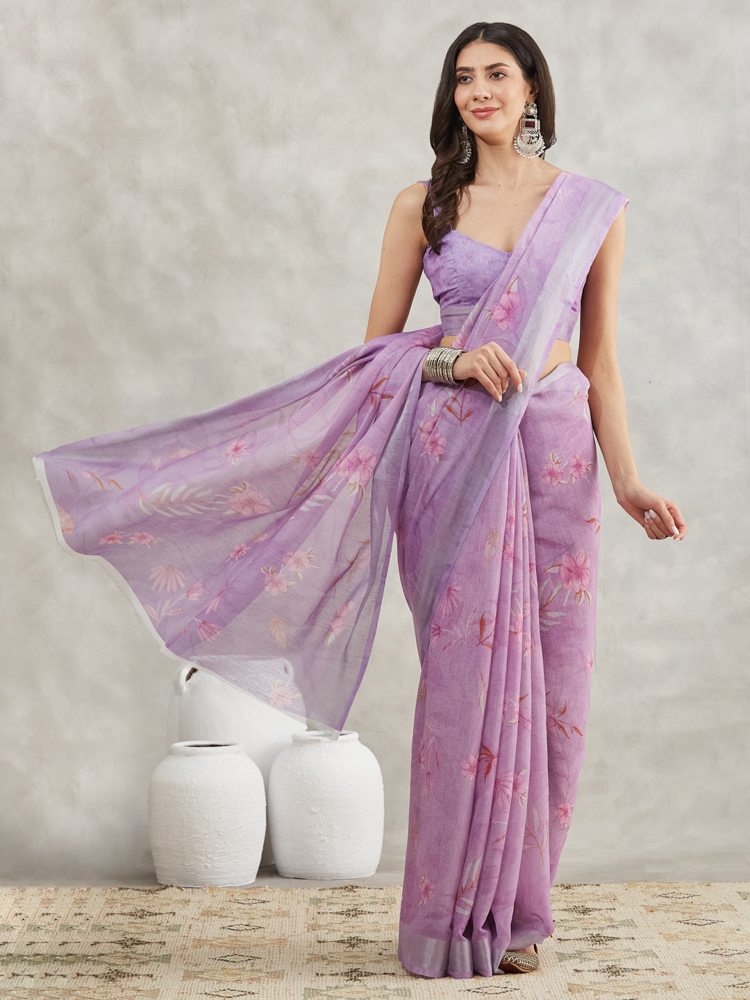 Janasya Lavender Linen Blend Floral Printed Saree