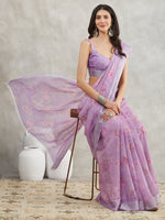 Thumbnail for Janasya Lavender Linen Blend Floral Printed Saree