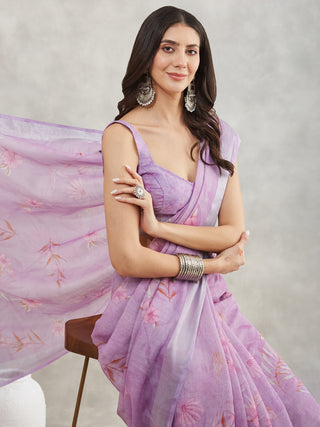 Janasya Lavender Linen Blend Floral Printed Saree