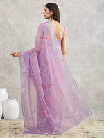 Thumbnail for Janasya Lavender Linen Blend Floral Printed Saree