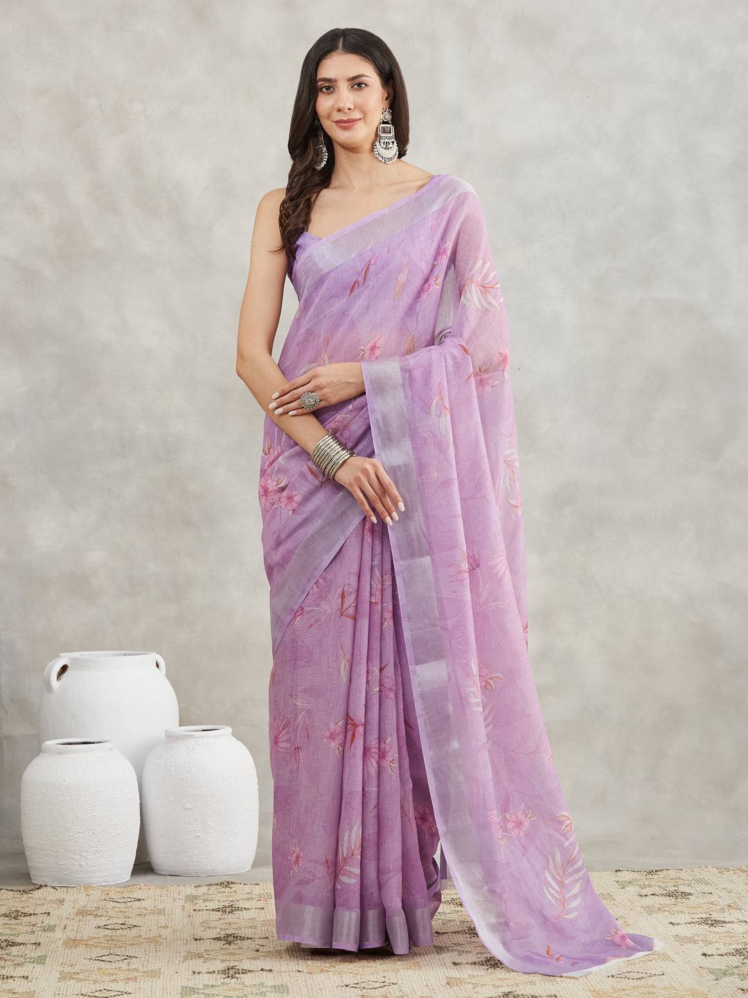 Janasya Lavender Linen Blend Floral Printed Saree
