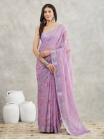 Thumbnail for Janasya Lavender Linen Blend Floral Printed Saree