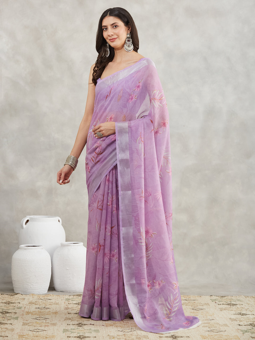Janasya Lavender Linen Blend Floral Printed Saree