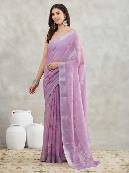 Janasya Lavender Linen Blend Floral Printed Saree - Distacart