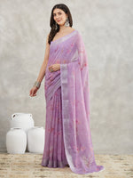 Thumbnail for Janasya Lavender Linen Blend Floral Printed Saree