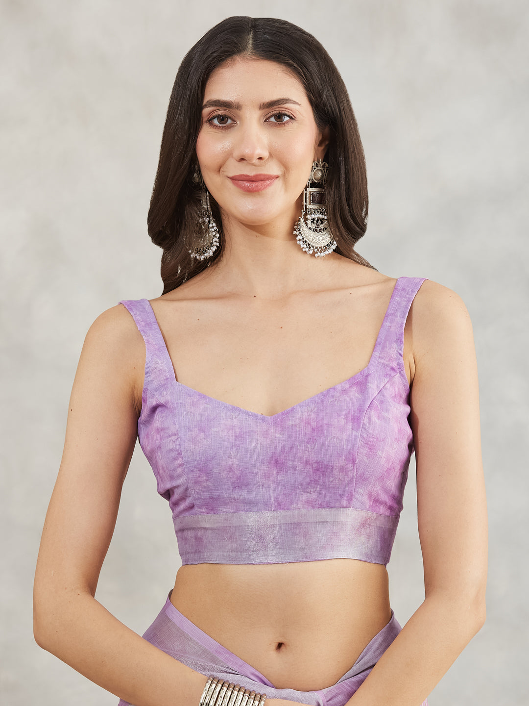 Janasya Lavender Linen Blend Floral Printed Saree