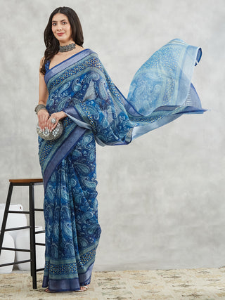 Janasya Blue Linen Blend Paisley Printed Saree