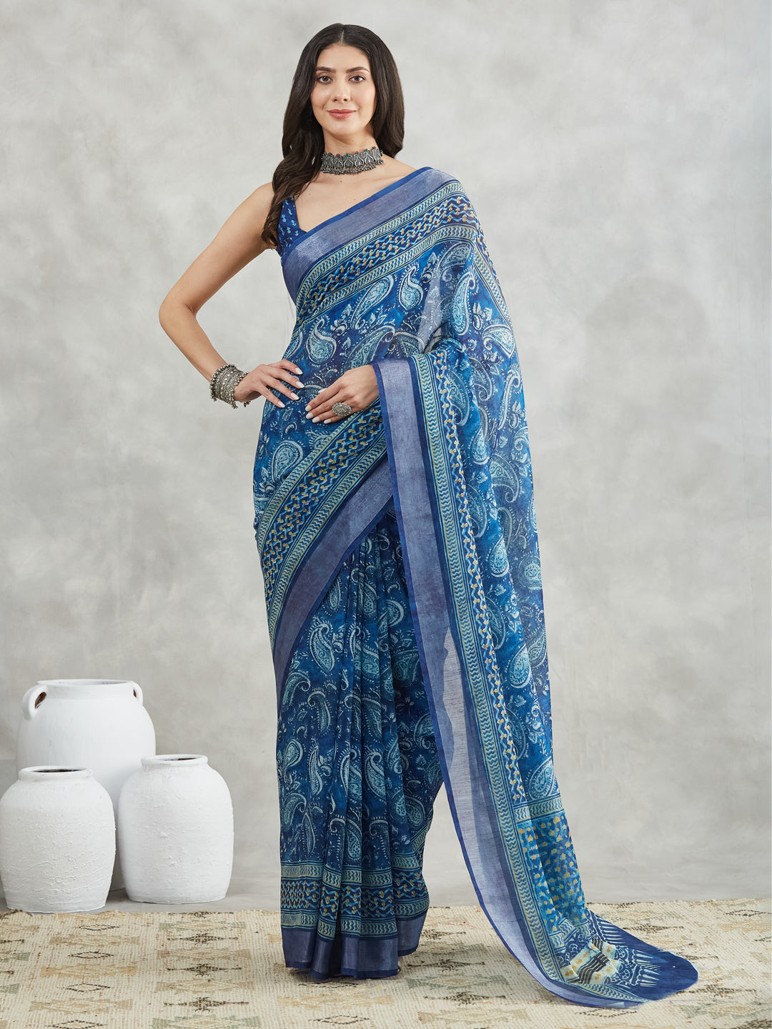 Janasya Blue Linen Blend Paisley Printed Saree