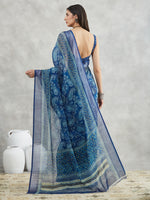 Thumbnail for Janasya Blue Linen Blend Paisley Printed Saree