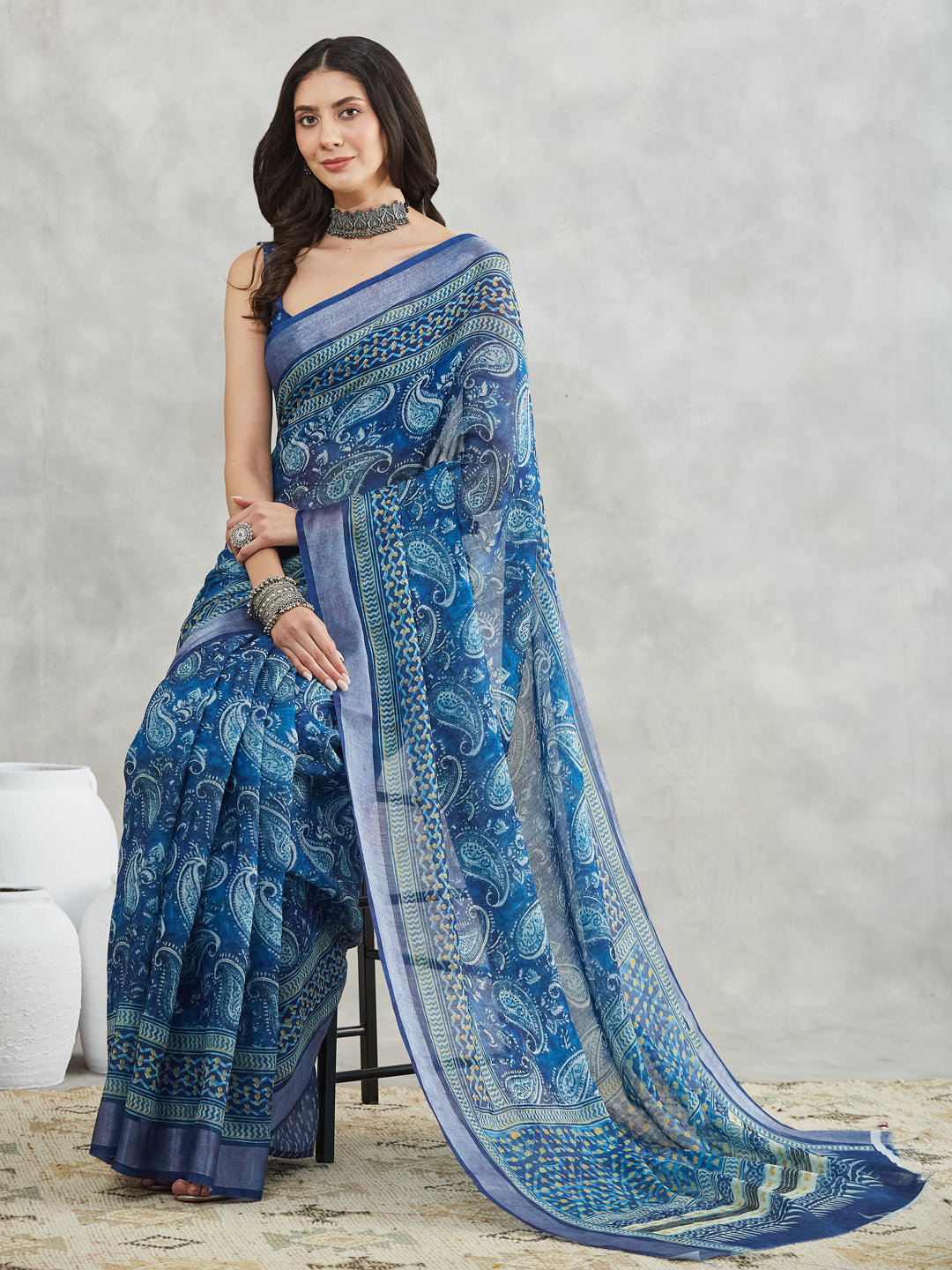 Janasya Blue Linen Blend Paisley Printed Saree