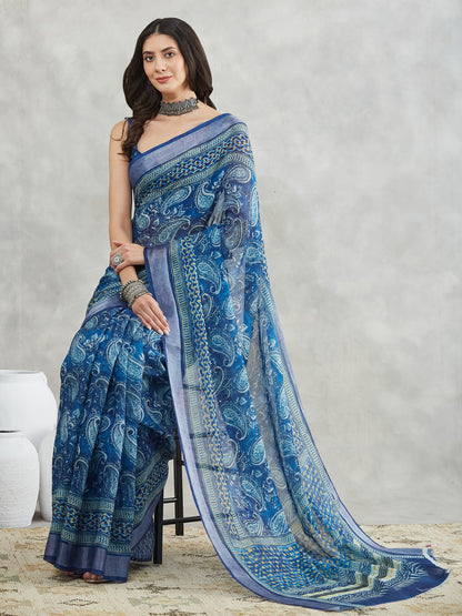 Janasya Blue Linen Blend Paisley Printed Saree - Distacart