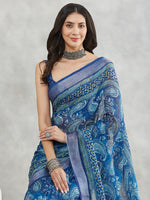 Thumbnail for Janasya Blue Linen Blend Paisley Printed Saree