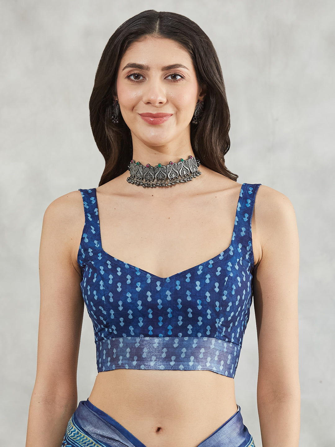 Janasya Blue Linen Blend Paisley Printed Saree