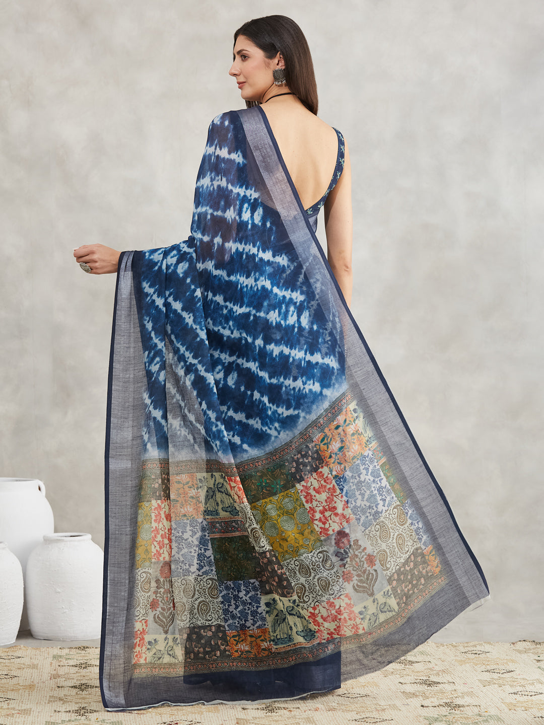 Janasya Indigo Linen Blend Tie & Dye Printed Saree