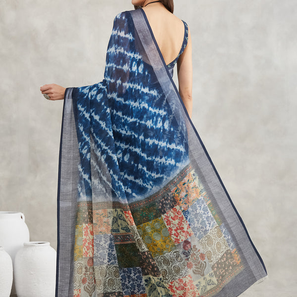 Janasya Indigo Linen Blend Tie & Dye Printed Saree