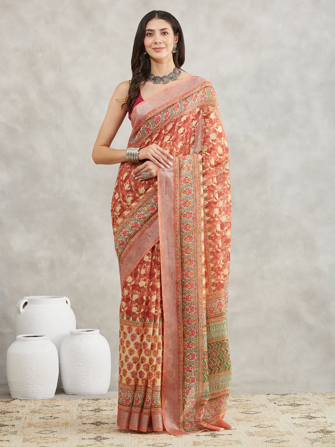 Janasya Rust Linen Blend Batik Printed Saree