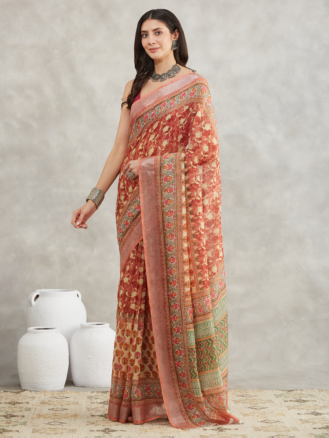 Janasya Rust Linen Blend Batik Printed Saree