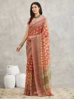 Thumbnail for Janasya Rust Linen Blend Batik Printed Saree