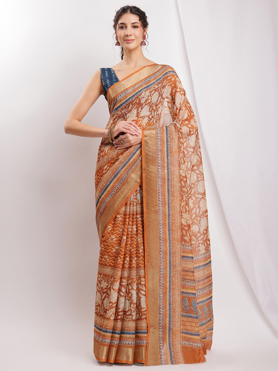 Janasya Brown Linen Blend Ethnic Motifs Printed Saree