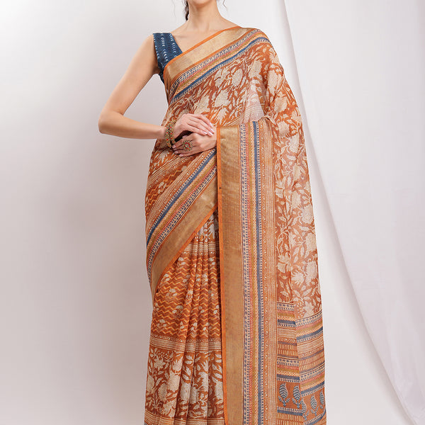 Janasya Brown Linen Blend Ethnic Motifs Printed Saree