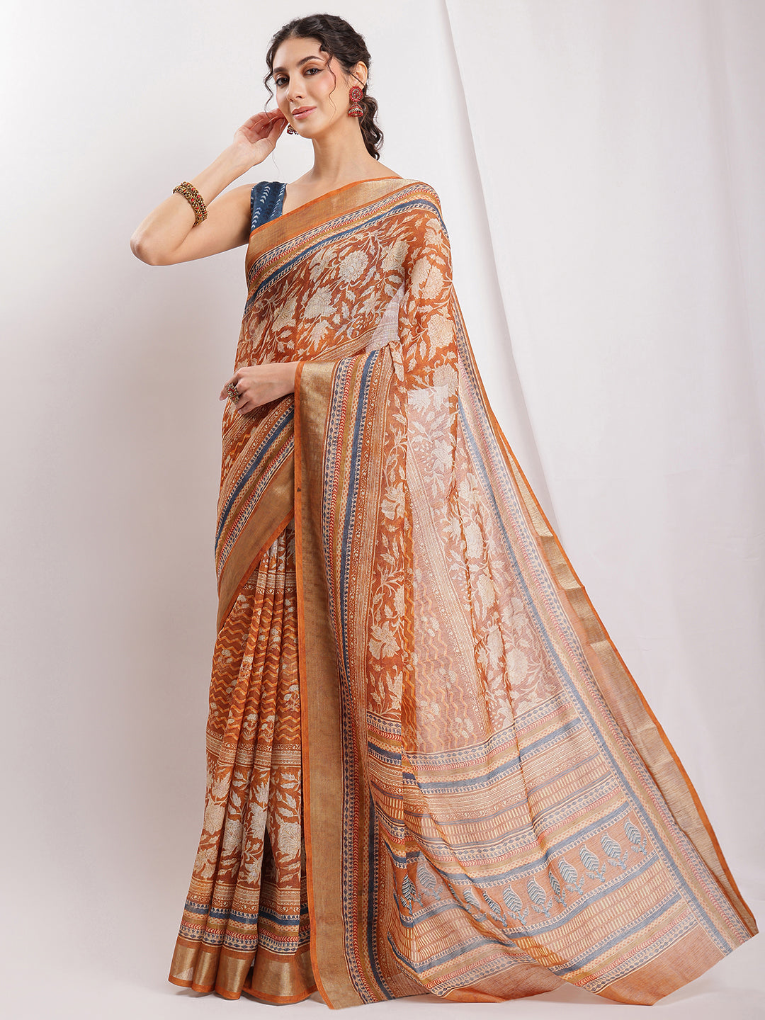 Janasya Brown Linen Blend Ethnic Motifs Printed Saree