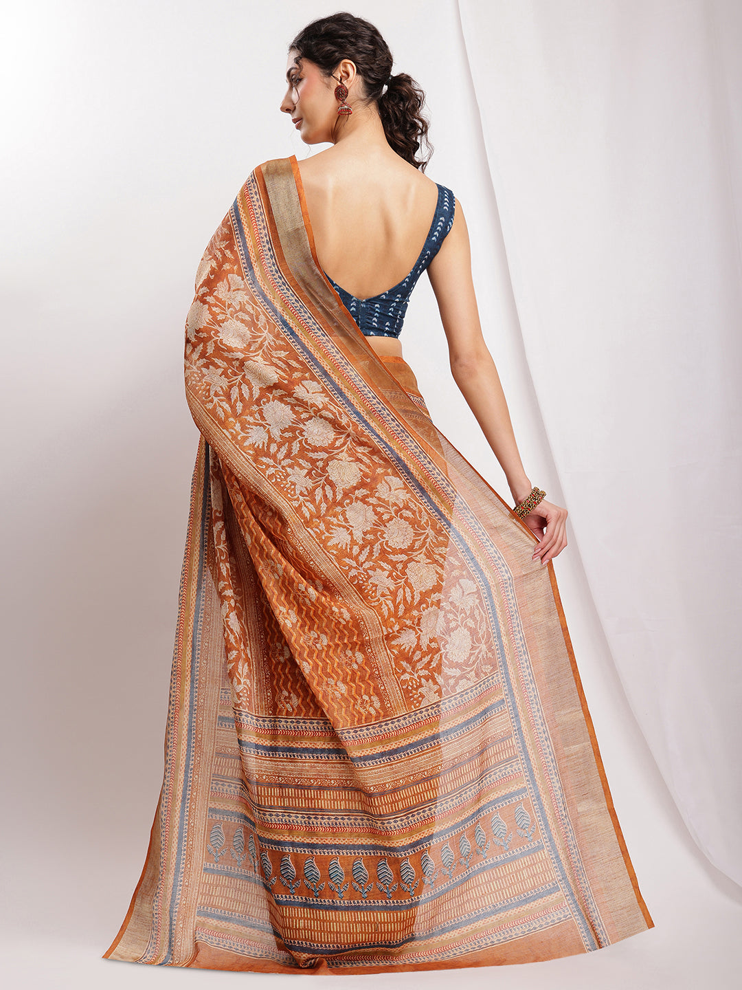 Janasya Brown Linen Blend Ethnic Motifs Printed Saree