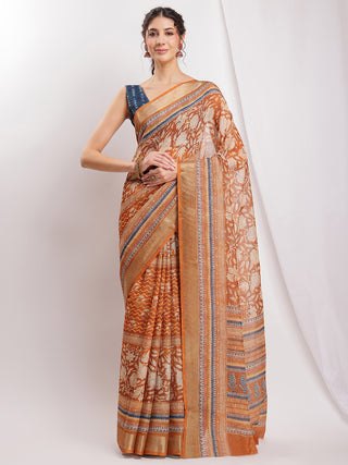 Janasya Brown Linen Blend Ethnic Motifs Printed Saree