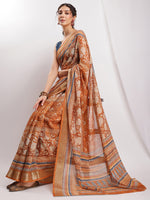 Thumbnail for Janasya Brown Linen Blend Ethnic Motifs Printed Saree