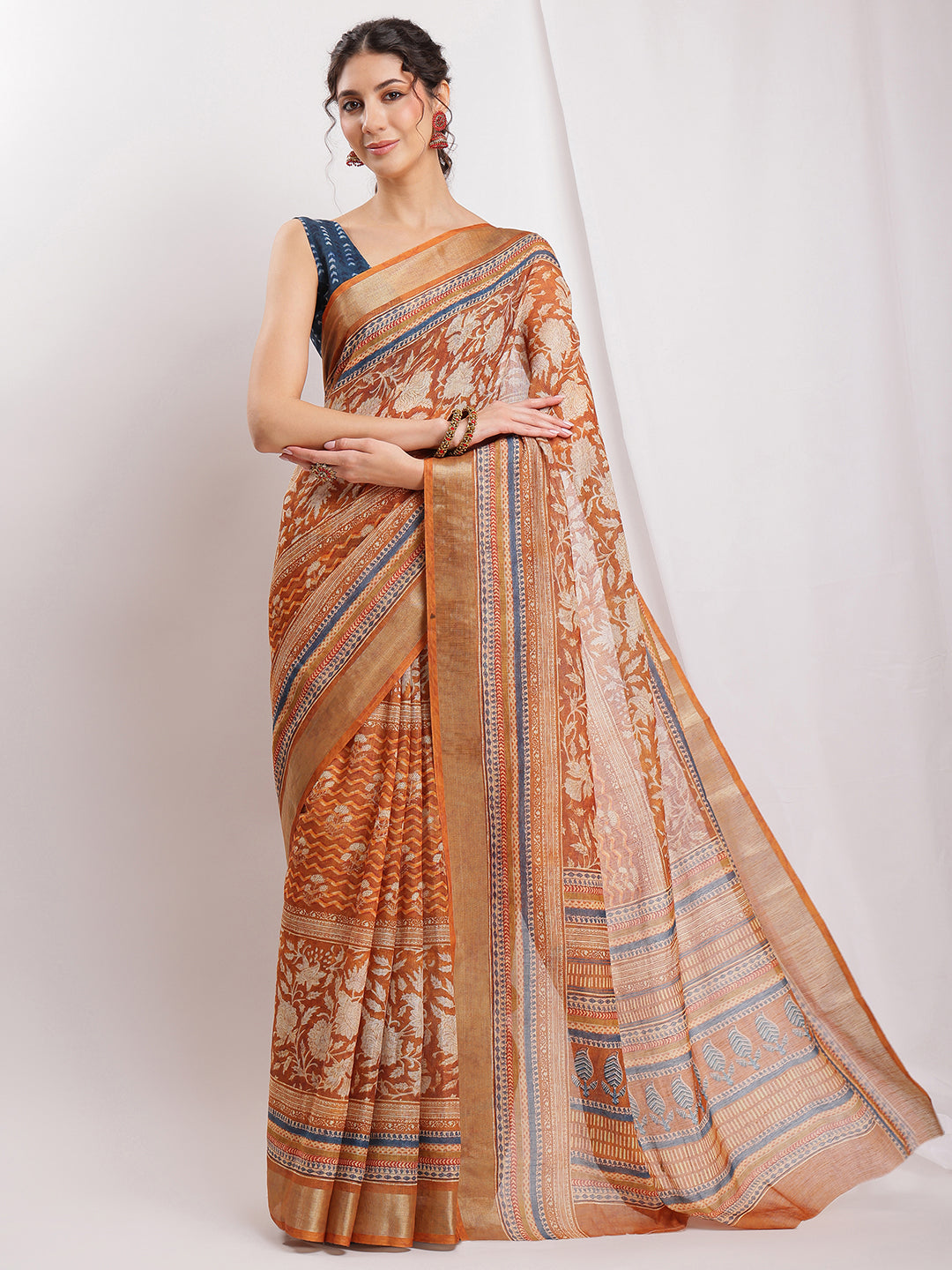 Janasya Brown Linen Blend Ethnic Motifs Printed Saree