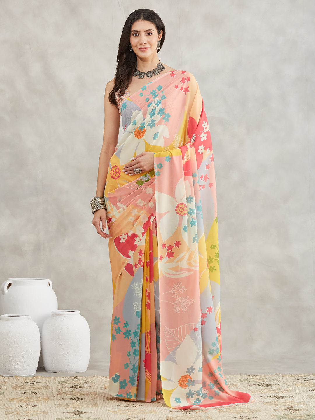 Janasya Multicolor Georgette Floral Printed Saree - Distacart