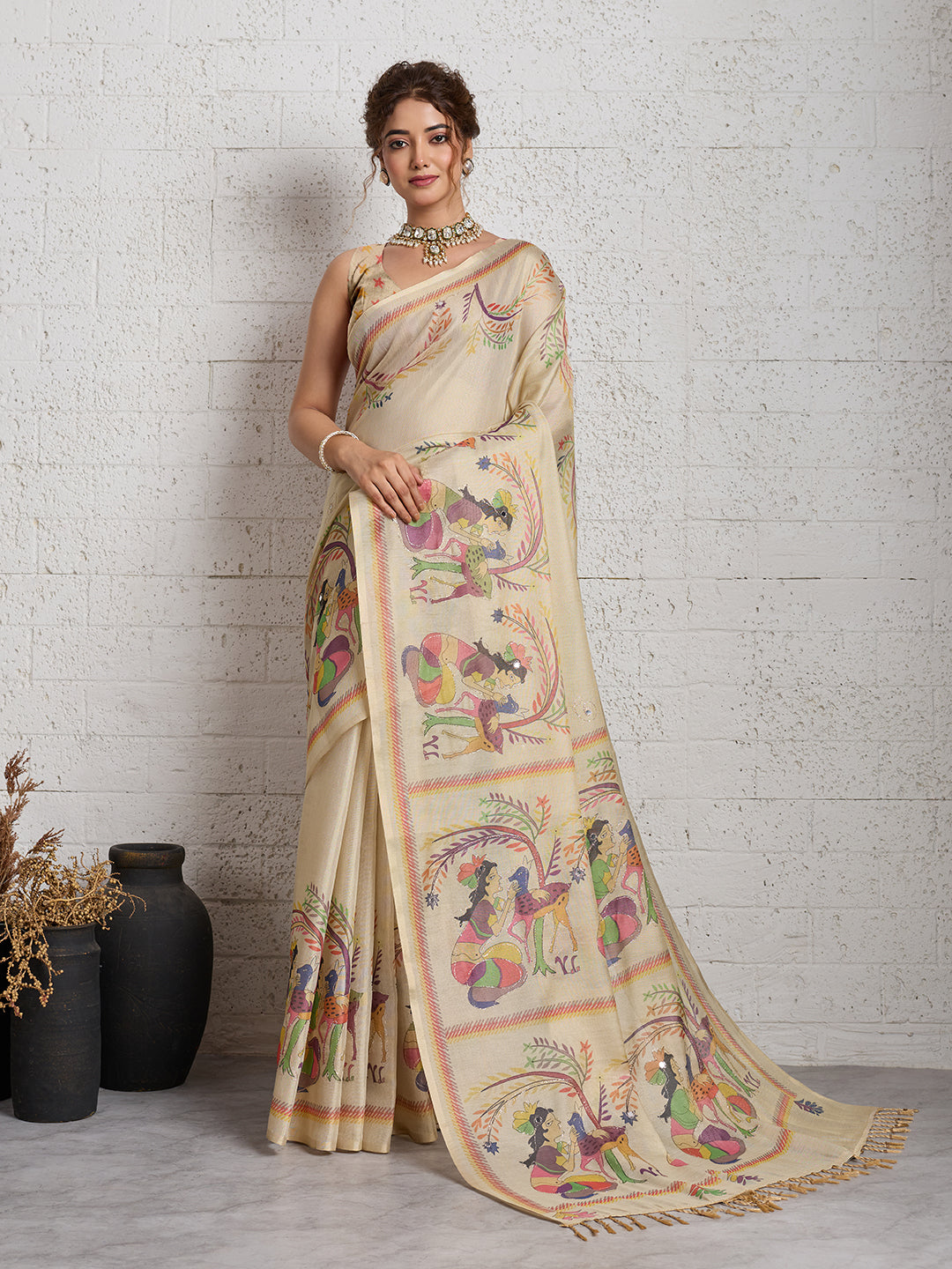Dwija Fashion Women'S Party Wear Digital Printed And Embroidered Linen Designer Saree With Unstitched Blouse-Beige - Dista