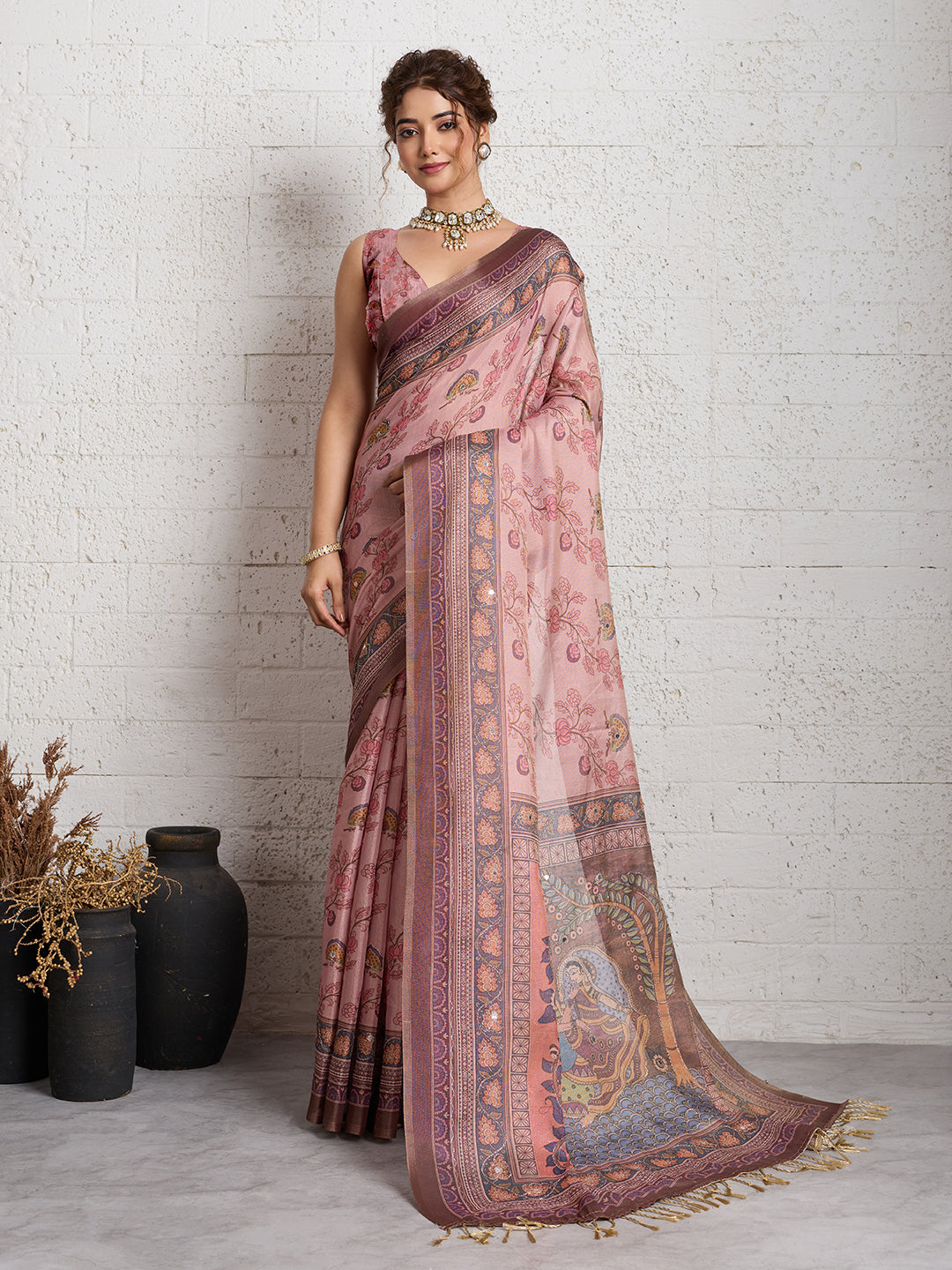 Dwija Fashion Women'S Party Wear Digital Printed And Embroidered Linen Designer Saree With Unstitched Blouse-Pink - Dista