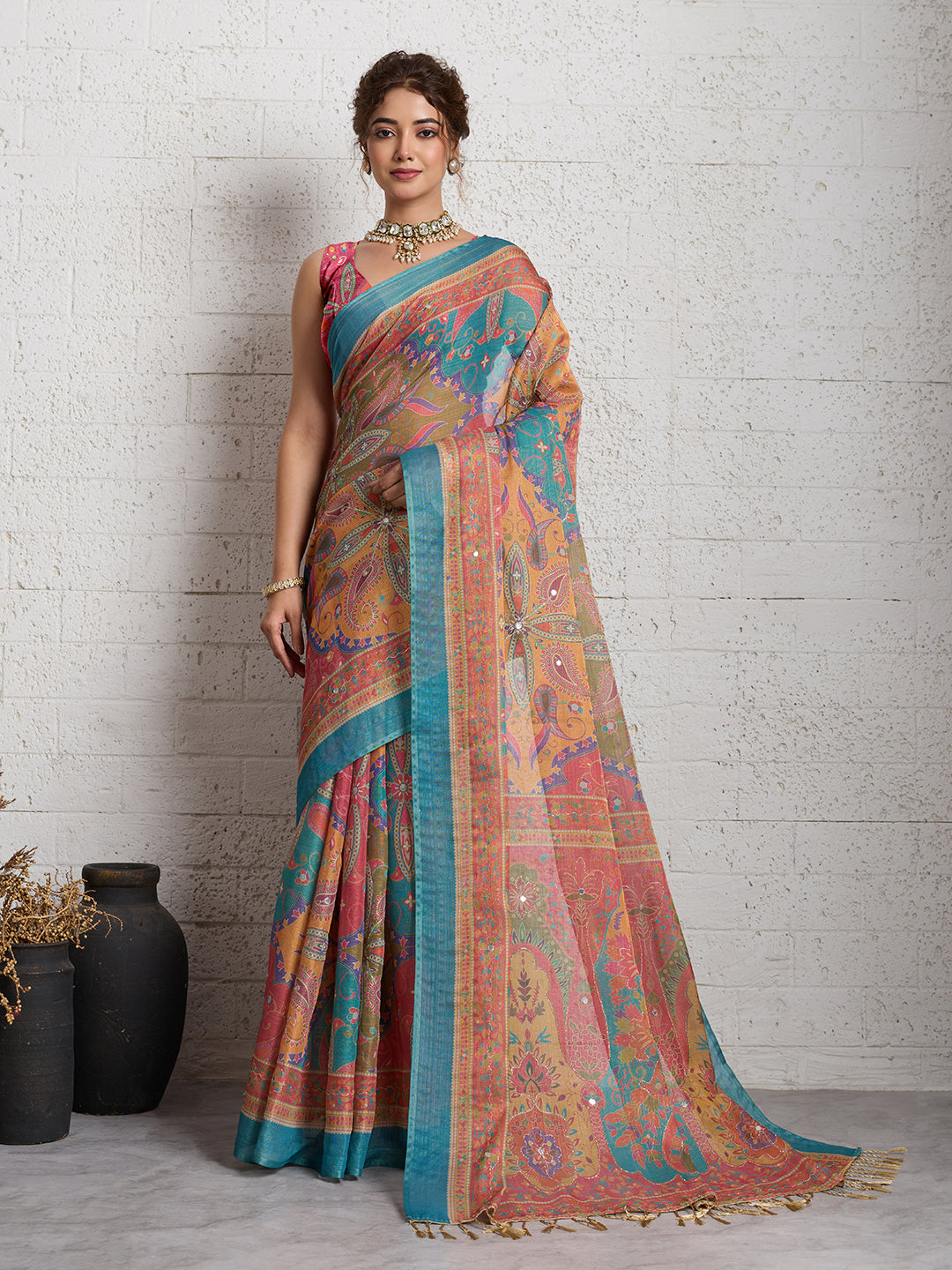 Dwija Fashion Women'S Party Wear Digital Printed And Embroidered Linen Designer Saree With Unstitched Blouse-Multicolor - Dista