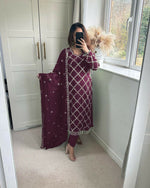 Thumbnail for Preksha Creation Indian Festival Special Women Faux Georgette Sequence Embroidered Work Top And Pant With Dupatta - Purple - Distacart