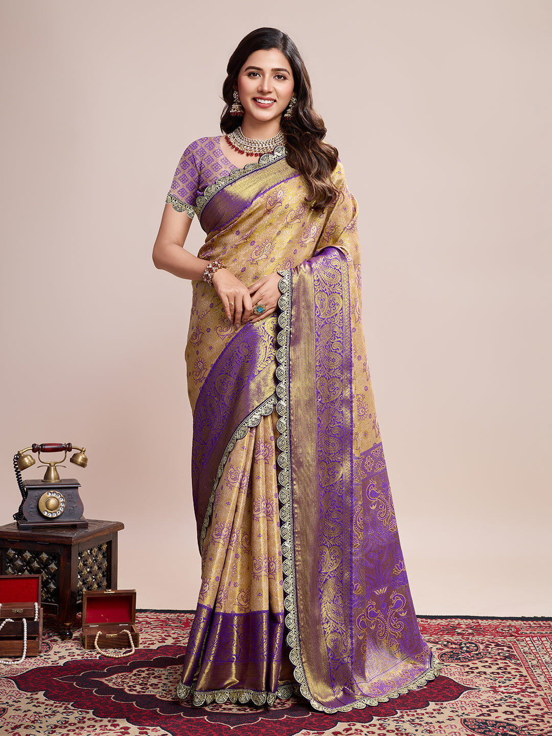 Dwija Fashion Golden Wedding Wear Jari Weaving Kanjivaram Silk Saree With Unstitched Blouse - Dista
