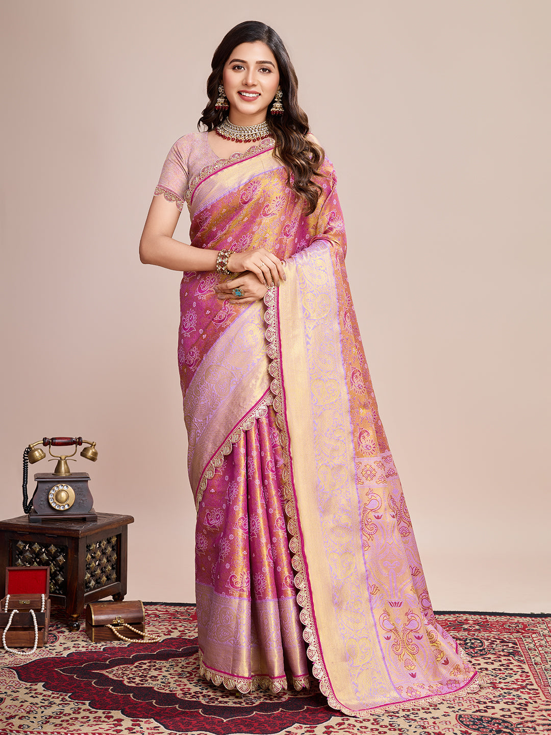 Dwija Fashion Pink Wedding Wear Jari Weaving Kanjivaram Silk Saree With Unstitched Blouse - Dista