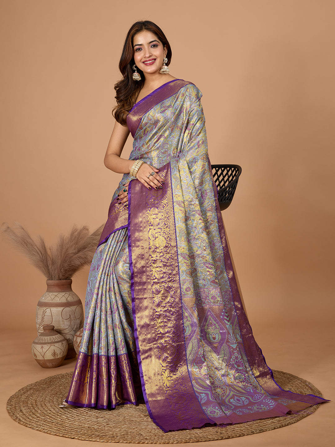 Dwija Fashion Purple Wedding Wear Jari Weaving Kanjivaram Silk Saree With Unstitched Blouse - Dista