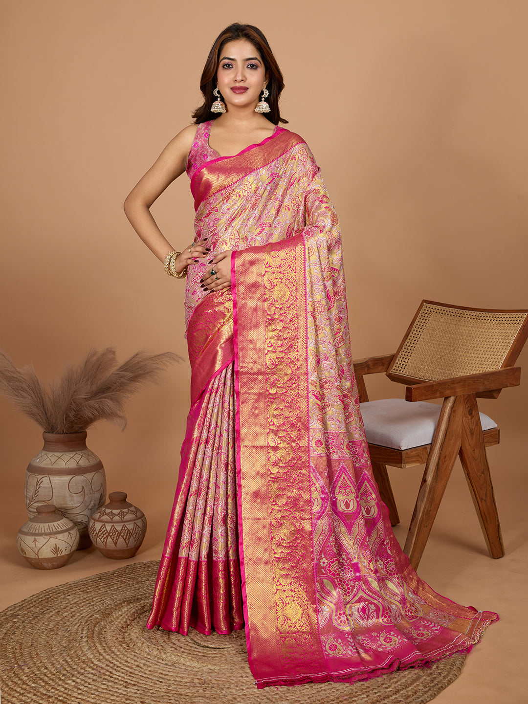 Dwija Fashion Pink Wedding Wear Jari Weaving Kanjivaram Silk Saree With Unstitched Blouse - Dista