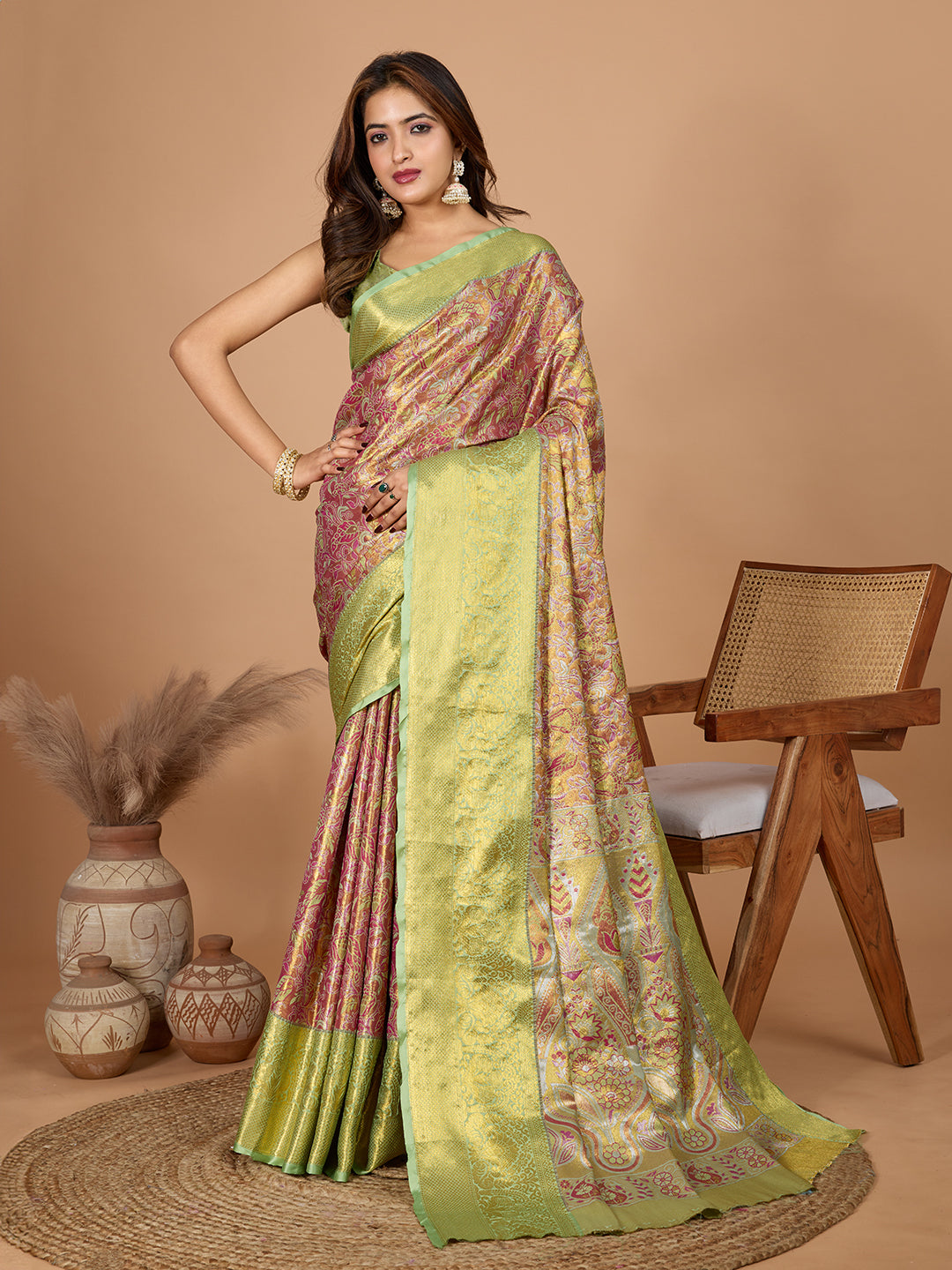 Dwija Fashion Rose Pink Wedding Wear Jari Weaving Kanjivaram Silk Saree With Unstitched Blouse - Dista
