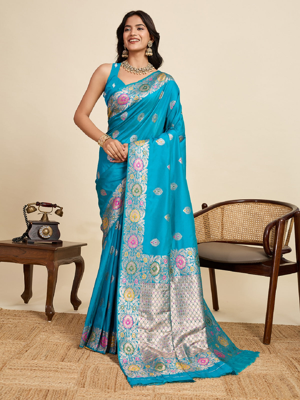 Dwija Fashion Tarquoise Blue Wedding Wear Golden Silver Jari Weaving Work Pure Jacquard Saree With Unstitched Blouse - Dista