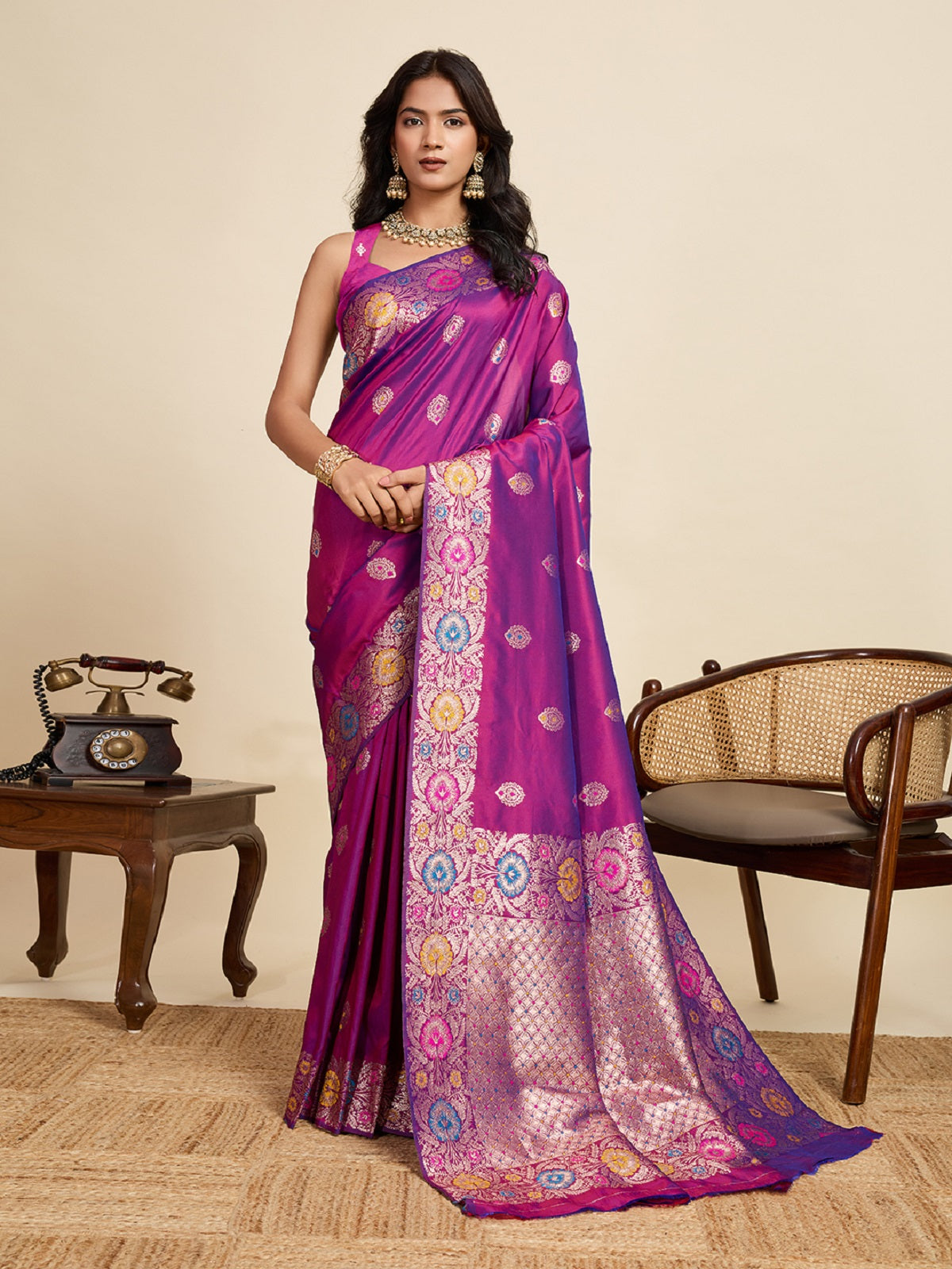 Dwija Fashion Deep Purple Wedding Wear Golden Silver Jari Weaving Work Pure Jacquard Saree With Unstitched Blouse - Dista