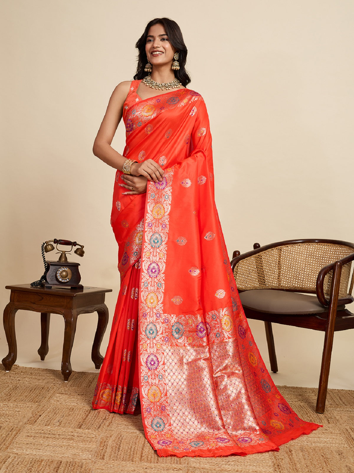 Dwija Fashion Red Wedding Wear Golden Silver Jari Weaving Work Pure Jacquard Saree With Unstitched Blouse - Dista