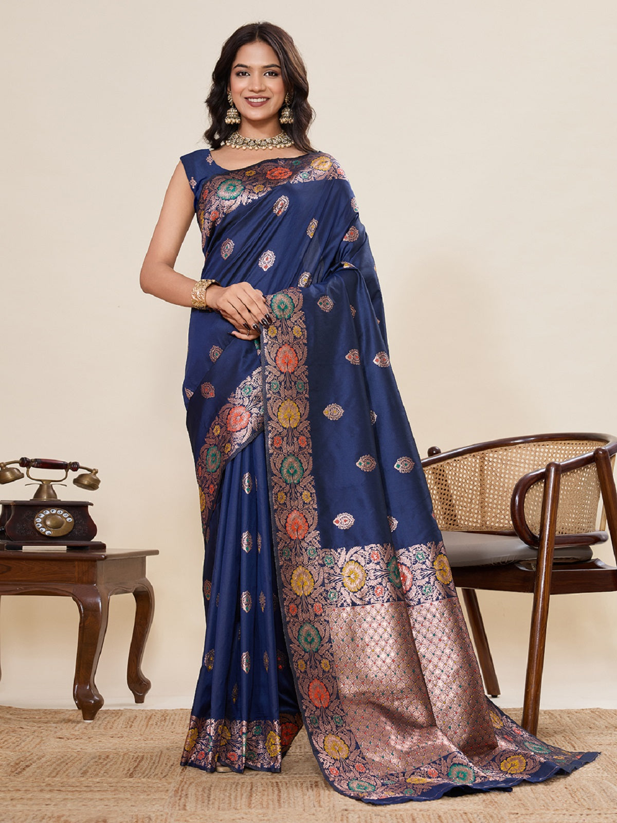 Dwija Fashion Deep Navy Blue Wedding Wear Golden Silver Jari Weaving Work Pure Jacquard Saree With Unstitched Blouse - Dista