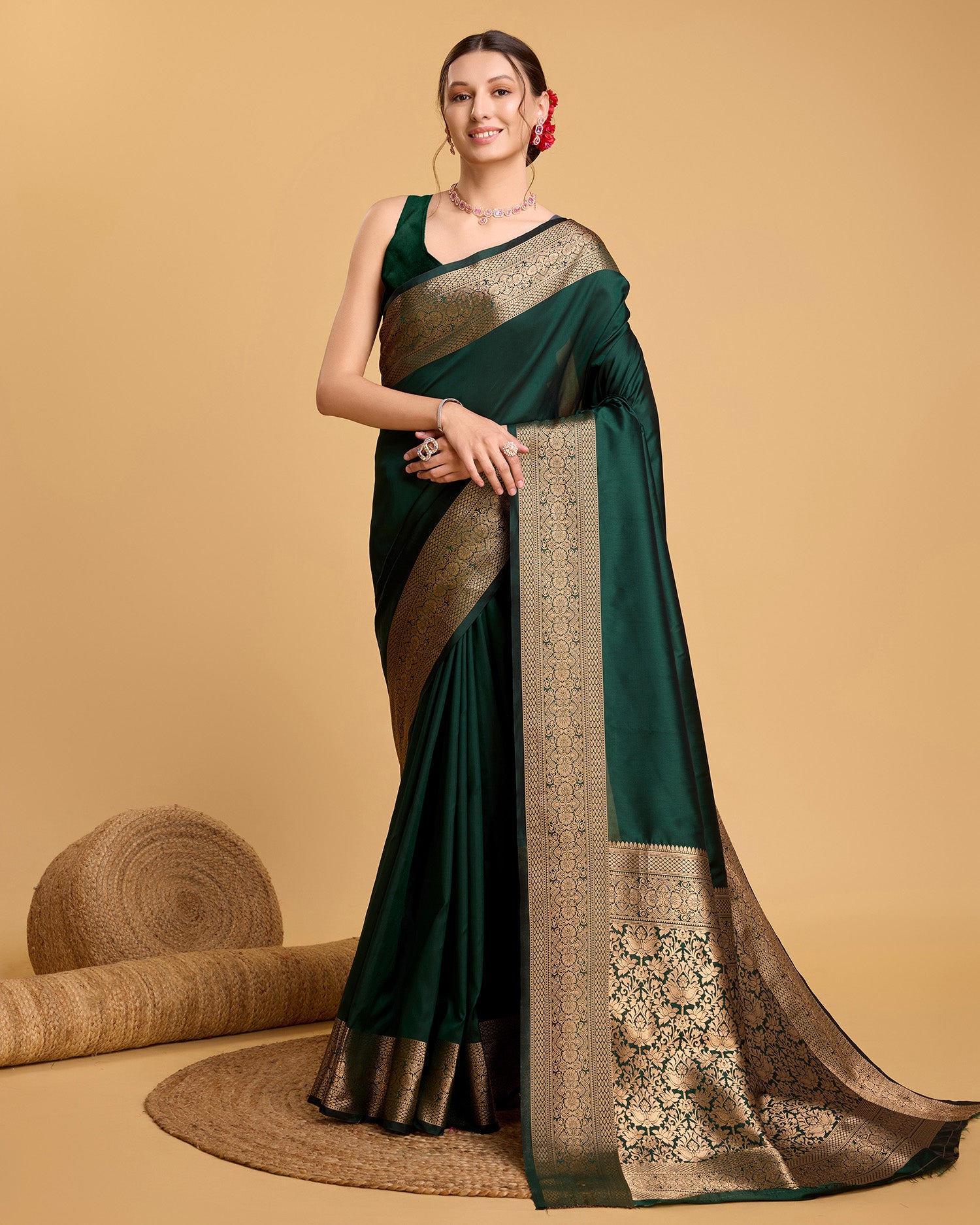 Dwija Fashion Deep Green Party Wear Banarsi Pure Silk Plain Saree With Unstitched Blouse - Dista
