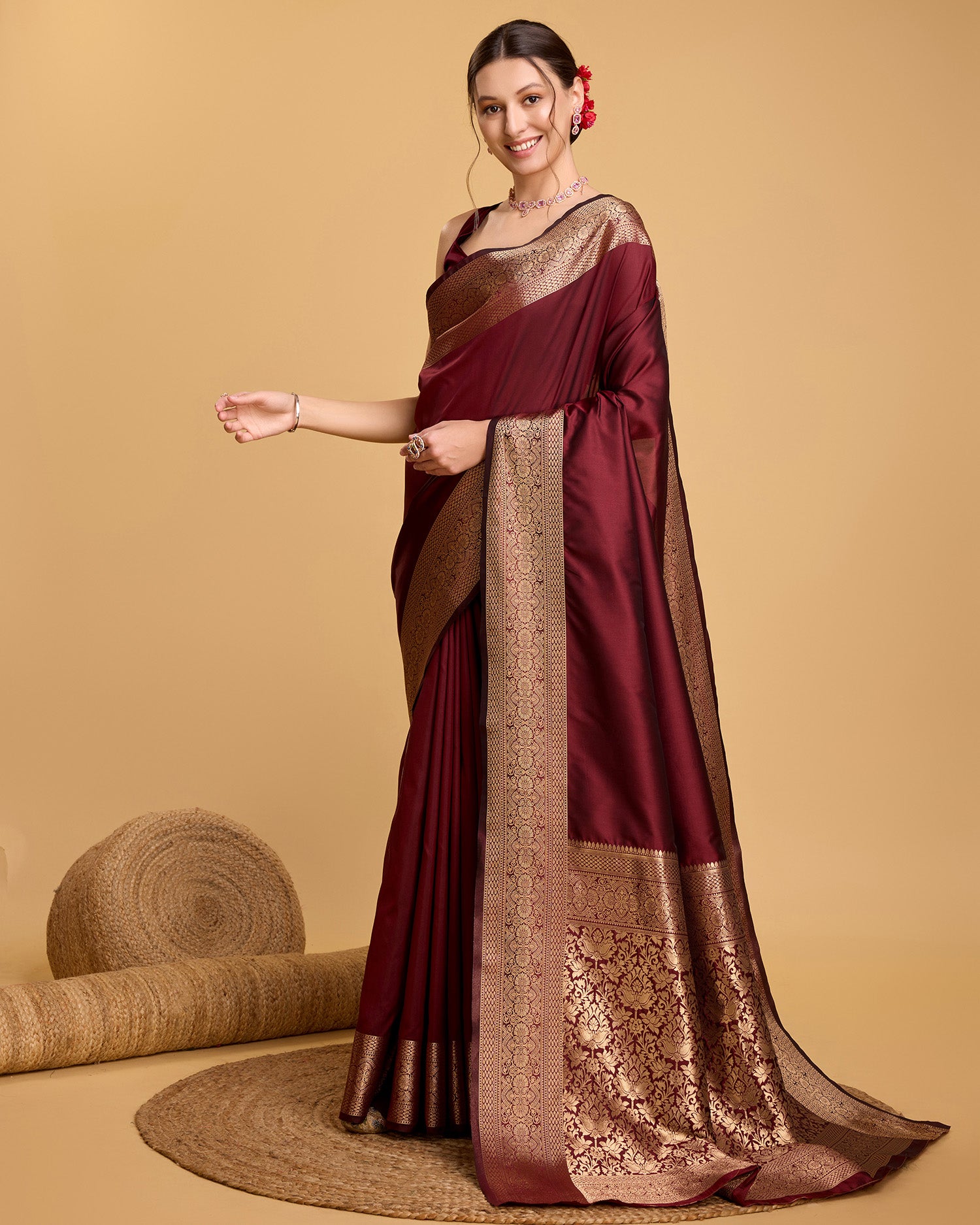Dwija Fashion Deep Maroon Party Wear Banarsi Pure Silk Plain Saree With Unstitched Blouse - Dista