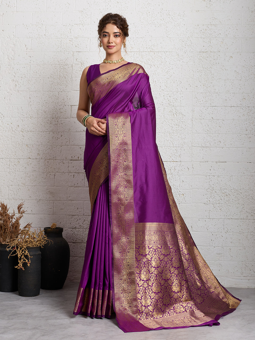 Dwija Fashion Women'S Party Wear Zari Weaving Silk Designer Saree With The Unstitched Blouse-Purple - Dista