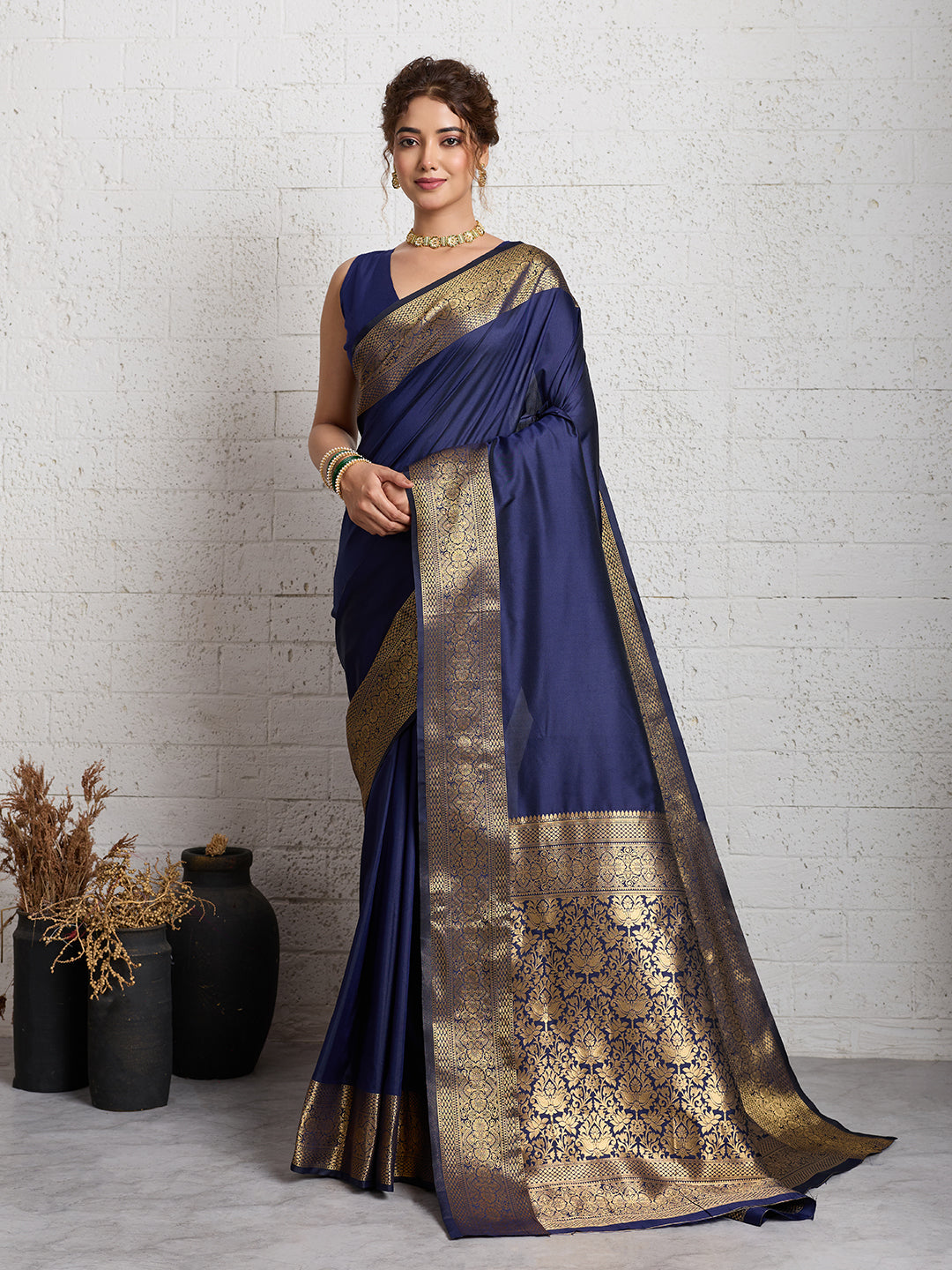 Dwija Fashion Women'S Party Wear Zari Weaving Silk Designer Saree With The Unstitched Blouse-Navy Blue - Dista