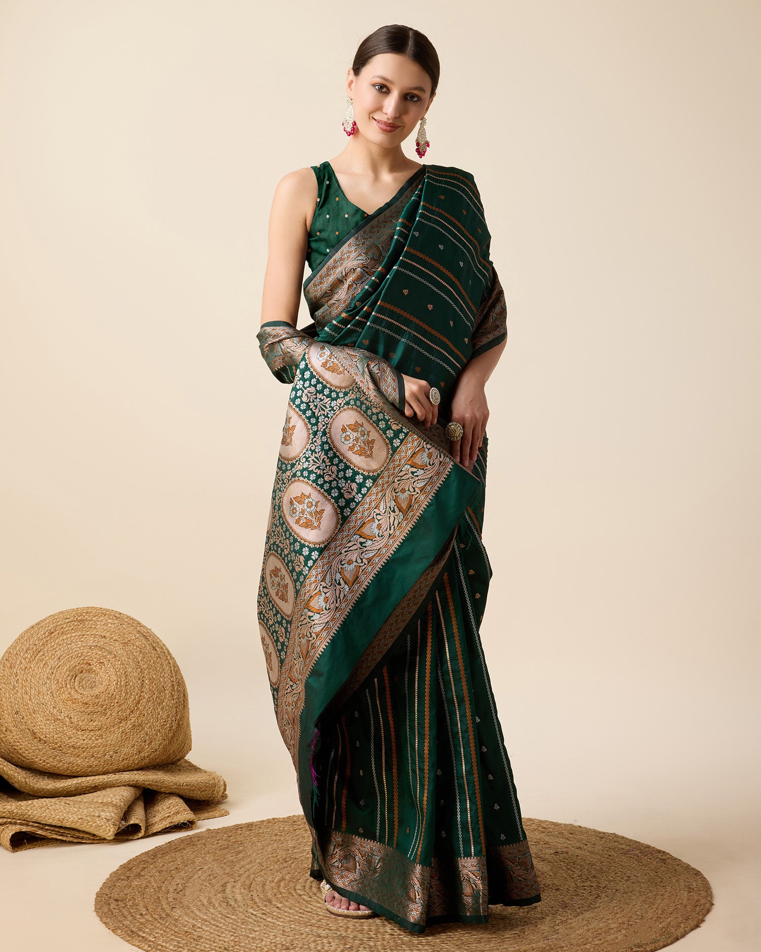 Dwija Fashion Green Party Wear Golden Silver Jari Work Pure Jacquard Saree With Unstitched Blouse - Dista