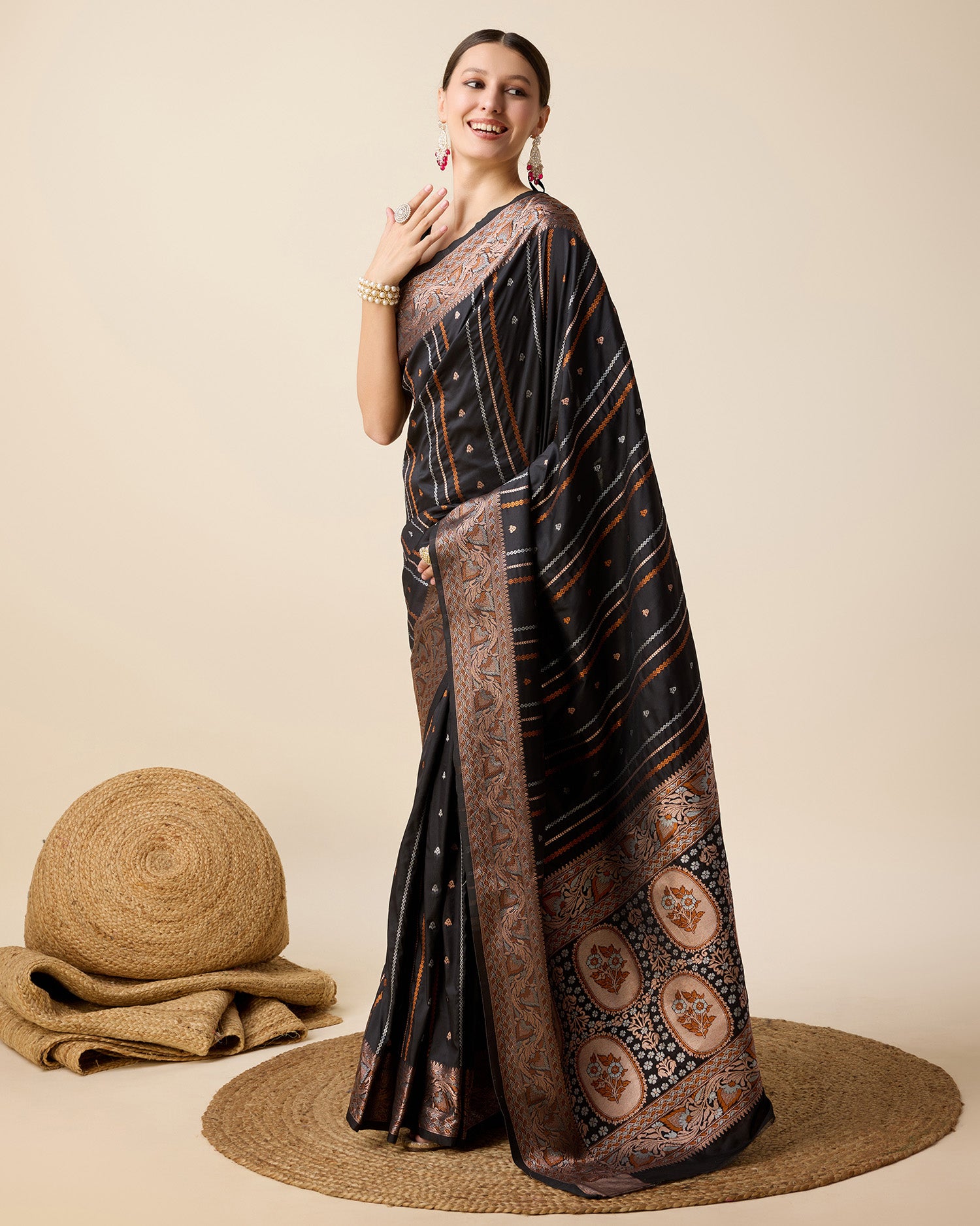 Dwija Fashion Black Party Wear Golden Silver Jari Work Pure Jacquard Saree With Unstitched Blouse - Dista