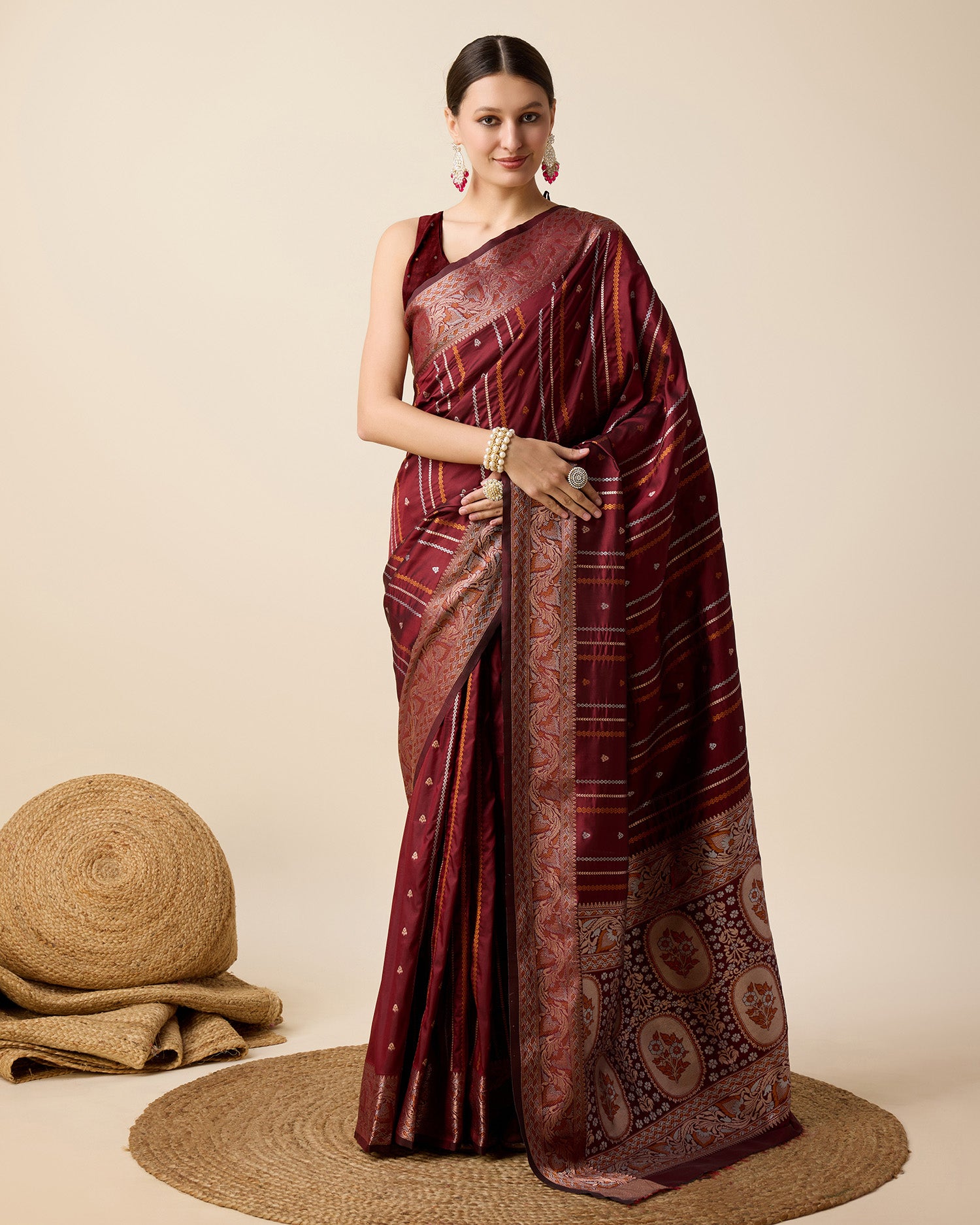 Dwija Fashion Deep Maroon Party Wear Golden Silver Jari Work Pure Jacquard Saree With Unstitched Blouse - Dista
